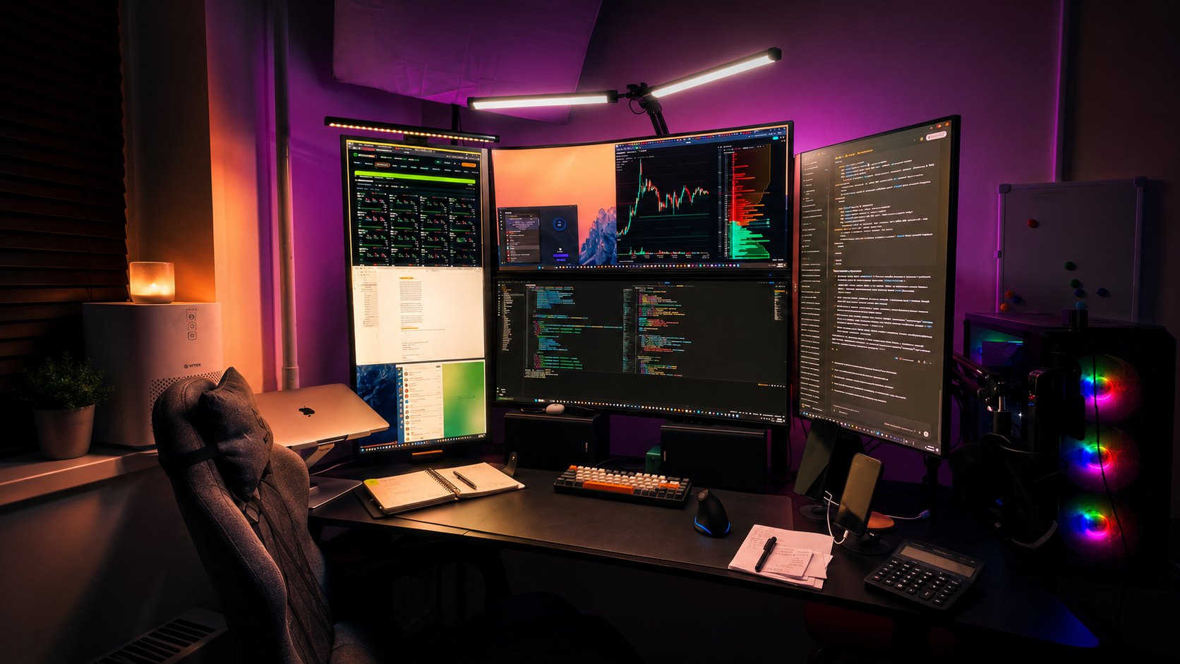 Рабочее место CyberSoftLab: несколько мониторов с кодом и графиками
